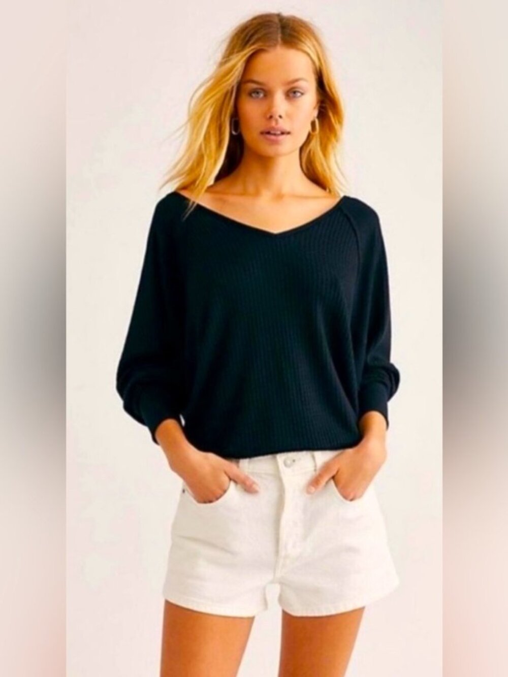 Free People Santa Clara Thermal Long Sleeve Women Top, Black, Size Small, NWT